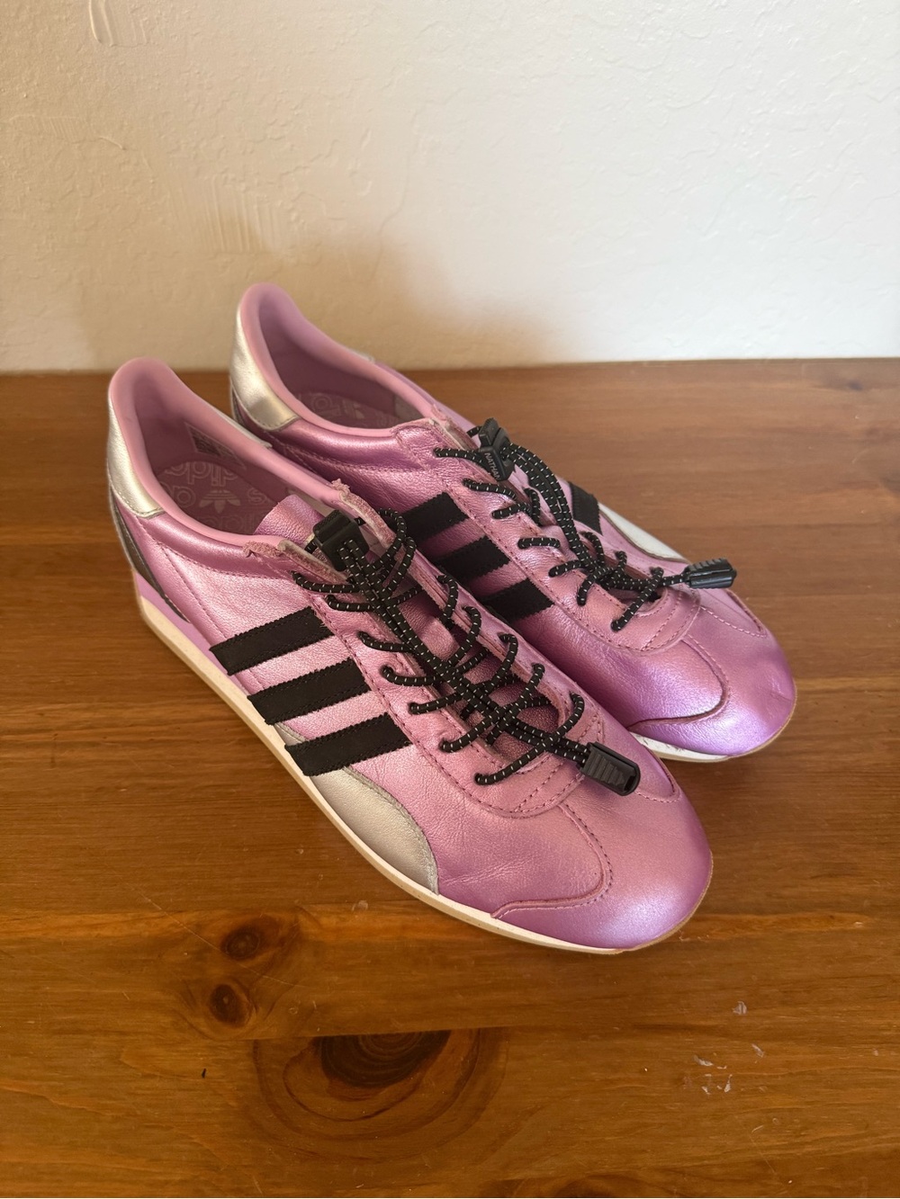adidas Metallic Pink Sneakers with Black Stripes and Silver Accents